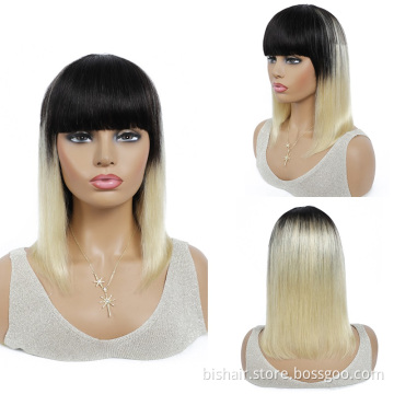 Wholesale Wig With Bangs Human Hair Brazilian Straight Short Pixie Cut Bob Full Machine Made With Bang Wigs for Black Women